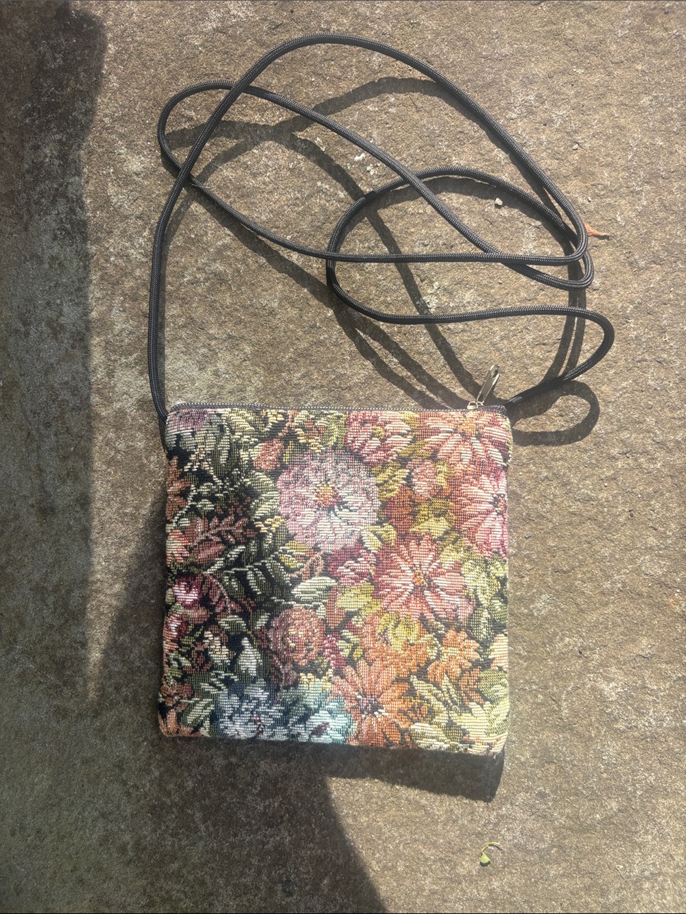 Hand Crafted Floral Tapestry Crossbody Bag - Pink, Black, Green